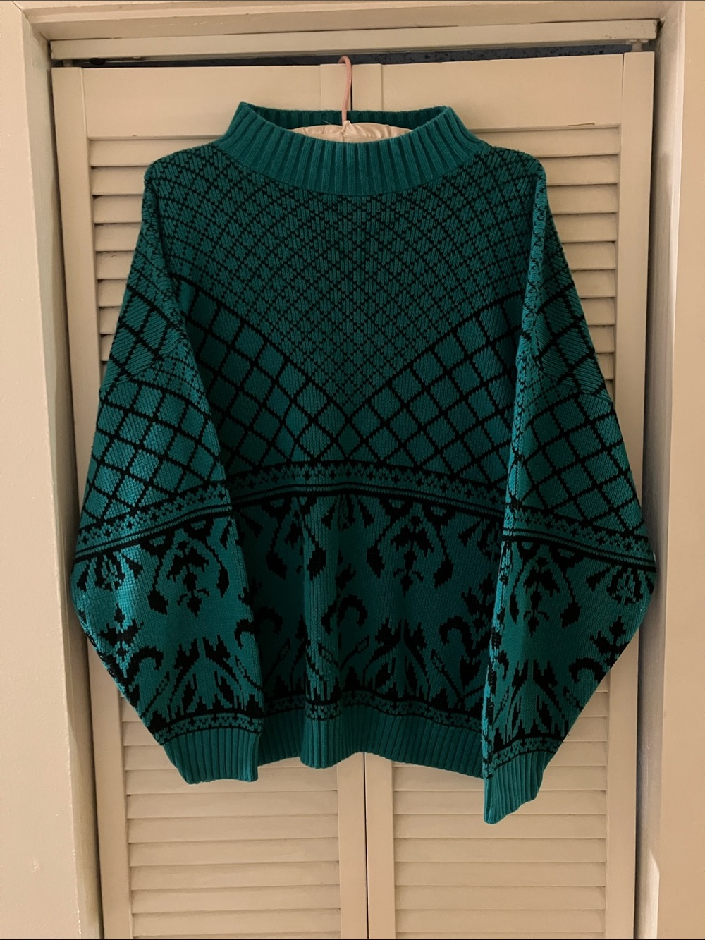 Vintage Lauren Acrylic Green Teal and Black Print Mockneck Sweater